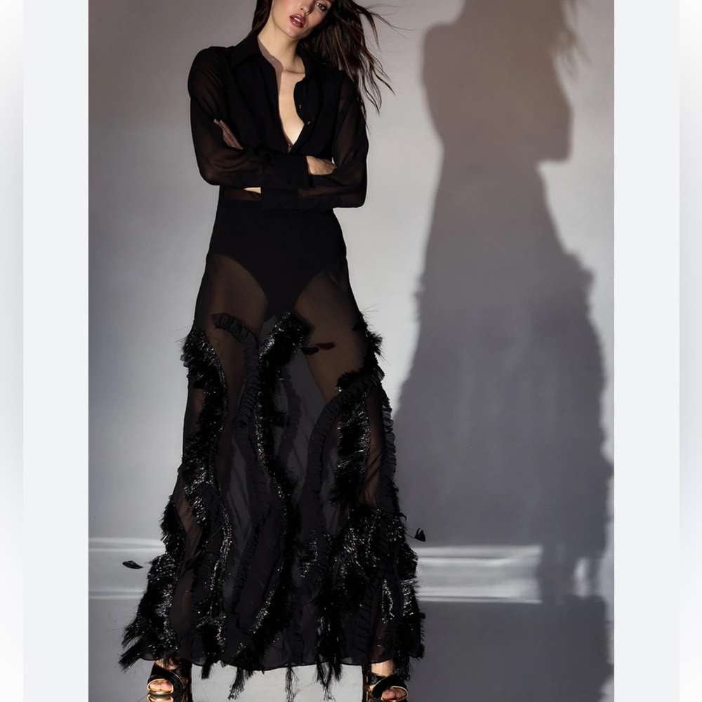 NWT🖤Cynthia Rowley Dusk Silk Georgette Maxi Dress with Metallic Fringe. Size 0